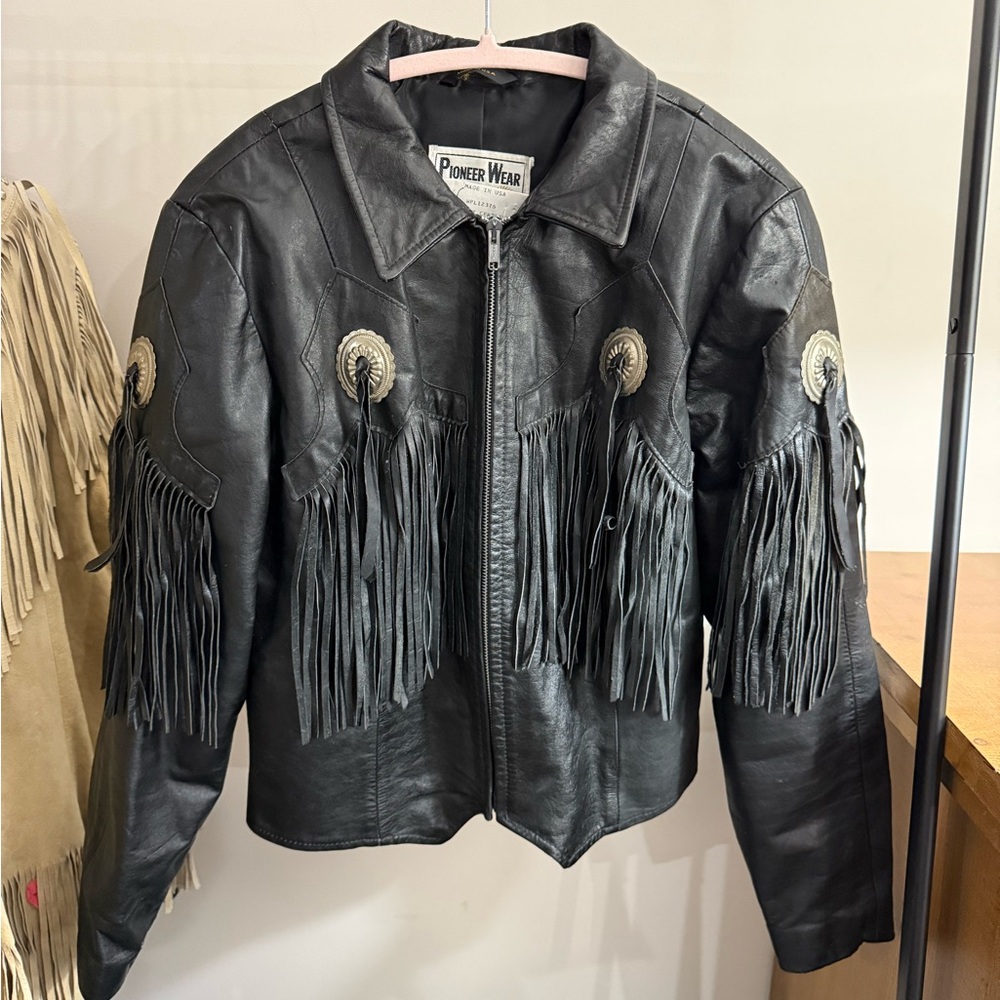 Pioneer Wear Black Leather Jacket with Fringe Details